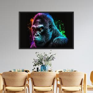 งานศิลปะติดผนังกระจกนิรภัยลายกอริลลาแบบสั่งทำพิเศษ: ภาพพิมพ์ตกแต่งรูปสัตว์แบบนีออน, ผ้าใบกรอบสีดำ - Product Image 1
