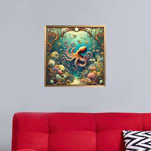 ผ้าใบพิมพ์ลาย: ภาพศิลปะปลาหมึกใต้น้ำสำหรับตกแต่งบ้านอย่างหรูหรา พร้อมกรอบสีทอง - Product Image 1