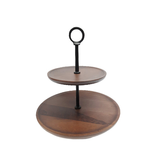 Support à gâteau rond de luxe à 2 niveaux avec poignée Plateau de service en aluminium et bois de manguier Décoration de cuisine d'hôtel Bambou acrylique - Product Image 5