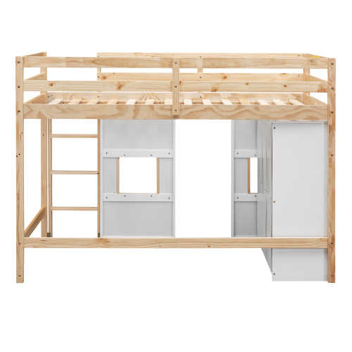 Loft Bed with Built-in Storage Wardrobe and 2 Windows, White, Modern Wooden Bedroom Set From Vietnam Good Price for Importers