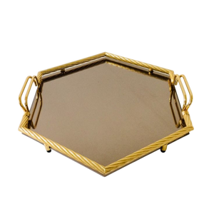 Bandeja decorativa redonda rectangular de lujo de acero inoxidable dorado y plateado con asas en diseño personalizado - Product Image 4