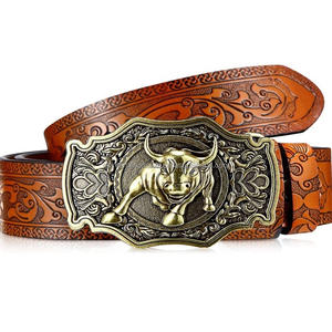 Western Leather Tooling <b>Belt</b> for Men With Customized Longhorn Pull Buckle <b>Belt</b> Floral Embossed <b>Cowboy</b> <b>Belt</b> for Men - Product Image 1