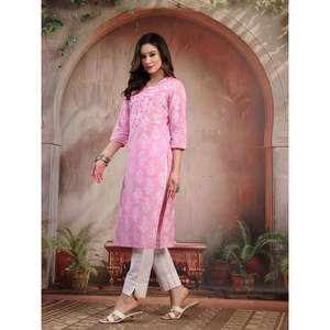 Kurta Rosa de Algodón Bordado para Mujer, Transpirable, Largo hasta la Rodilla, Estilo Ejecutivo, Diseño Personalizado, Vestido Moderno para el Día - Product Image 3