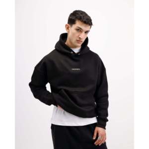 Sweat à capuche essentiel noir 100 % coton avec étiquette personnalisée, en molleton bouclette XL, avec broderie 3D et motif uni imprimé à l'acide - Product Image 1