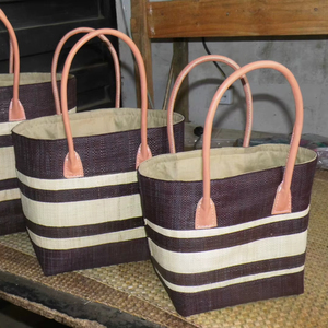 Handmade Women's Tote <b>Bag</b> with <b>Leather</b> Handles and Drawstring Closure Straw Beach and Raffia Market <b>Woven</b> From Madagascar - Product Image 1