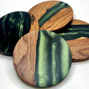 Ensemble de 4 sous-verres ronds élégants en bois et résine de qualité supérieure, design rivière verte, décoration moderne pour la maison, ensemble de sous-verres pour boissons, prix bas - Product Image 1