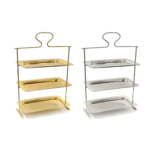 Plateau de service à 3 niveaux en acier inoxydable, métal créatif, plaqué argent, forme rectangulaire avec poignée, plateau pour fruits et aliments - Product Image 3