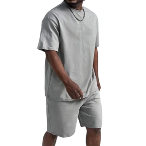 High Street Wear Logo personnalisé hommes ensemble de shorts 100% coton respirant lavage à l'acide t-shirts Shorts solide deux pièces décontracté court - Product Image 1