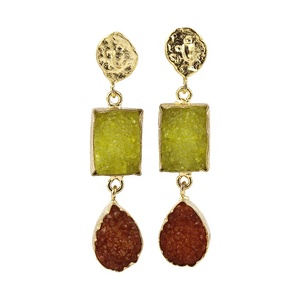 Handmade <b>Fashion</b> <b>Drop</b> <b>Earrings</b> Yellow & Orange Double Druzy Gemstone Gold Plated Pear Orange Push Back with Handmade Jewelry - Product Image 1