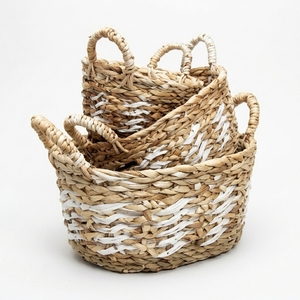 Juego de Cestas de Almacenamiento de Jacinto de Agua Natural, Diseño Ovalado con Patrón Blanco, Organizador de Mesa, Decoración, Diseño Artístico Puro - Product Image 1