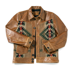 Chaqueta de Cuero Vacuno Marrón Personalizada para Hombre, Estilo Vintage con Patrón Geométrico, Ecológica, Resistente al Viento y al Agua - Product Image 1