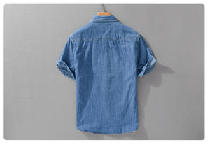 Chemise en jean vintage personnalisable pour homme, fabrication directe d'usine, demi-manches, décontractée, respirante, écologique, finition délavée à la pierre - Product Image 2