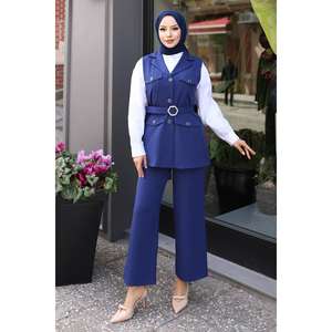 Conjunto de Chaleco Casual Detallado Indigo MSW19249-2, Blazer Largo, Pantalones Midi, Logotipo Personalizable, Patrón Sólido, Tweed Tejido, Chifón - Product Image 1