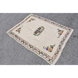 พรมขนสัตว์ตุรกีวินเทจ3.8 x 5.2ft เบจสีดีเย็บปะติดปะต่อกันดีไซน์สำหรับการใช้ชีวิตสี่เหลี่ยมผืนผ้าน้ำยางข้นลายไม้ไผ่ - Product Image 3