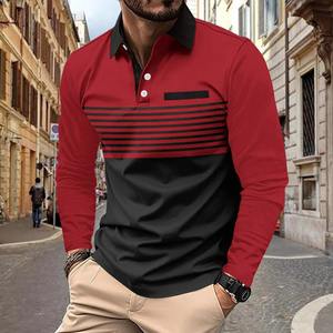 Haut hommes à manches longues POLO décontracté mode ville impression solide rayure revers bouton factice poche nouvelle tendance couleur correspondant hauts - Product Image 2