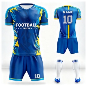 Maillot de football personnalisé bleu et jaune pour homme, manches courtes, sublimation, polyester respirant, col rond, coupe athlétique toutes saisons - Product Image 1