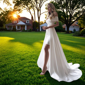 New Summer Bride Wedding <strong>Dress</strong> With One-shoulder Simple Design Ball Gown Chapel Train Detachable Tail Plus Size Available - Product Image 2