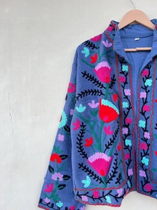 Blue Floral Embroidery Boho <b>Hippie</b> Suzani Winter <b>Jacket</b> New Collection Designer Coat Women Unisex Regular Gift Her - Product Image 2