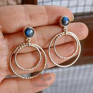 925 Sterling <b>Silver</b> <b>Dangle</b> <b>Earrings</b> with Natural Labradorite Gemstone Double Hoop Geometric Birthstone Labortite <b>Earrings</b> - Product Image 1
