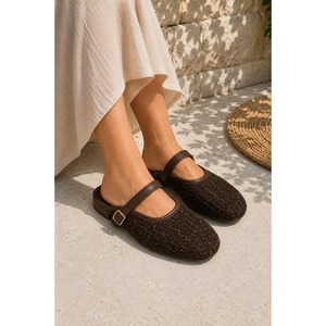 <b>Fluffy</b> Tweed Textured Buckle for <b>Slippers</b> Brown Indoor Outdoor House Fashion Style PVC Insole Genuine Leather for Summer Winter - Product Image 2
