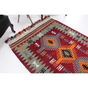 Turkish Vintage Area Rug 4.2x5.8 ft, <b>Red</b> <b>Wool</b> Rug - Product Image 1