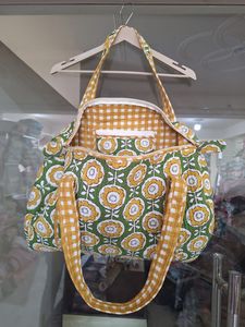 Boho <b>Summer</b> Style Mustard Bloom <b>Quilted</b> Cotton Duffel Bag Sun Petal Garden Green Blossom Tote for Travel - Product Image 2