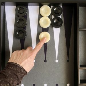 Luxury Handmade Tournament Size <b>Backgammon</b> <b>Set</b> Gray Fabric Ground Leather Case 22x29 Inch (57x75cm) with <b>Wooden</b> Doubling Cube - Product Image 5