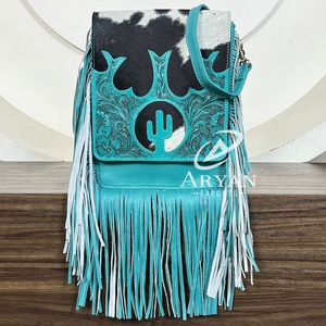Custom Handcrafted Western Fringe Crossbody Bag Hand Toold Genuine Leather <b>Hair</b>-On-Hide Cowhide Purse with Cactus Cutout Design - Product Image 1