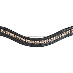 Banda para la frente de caballo de cuero acolchado de canal vacío hecha de cuero genuino de alta calidad con banda para la frente de cadena Mega Bling de cristal dorado - Product Image 3