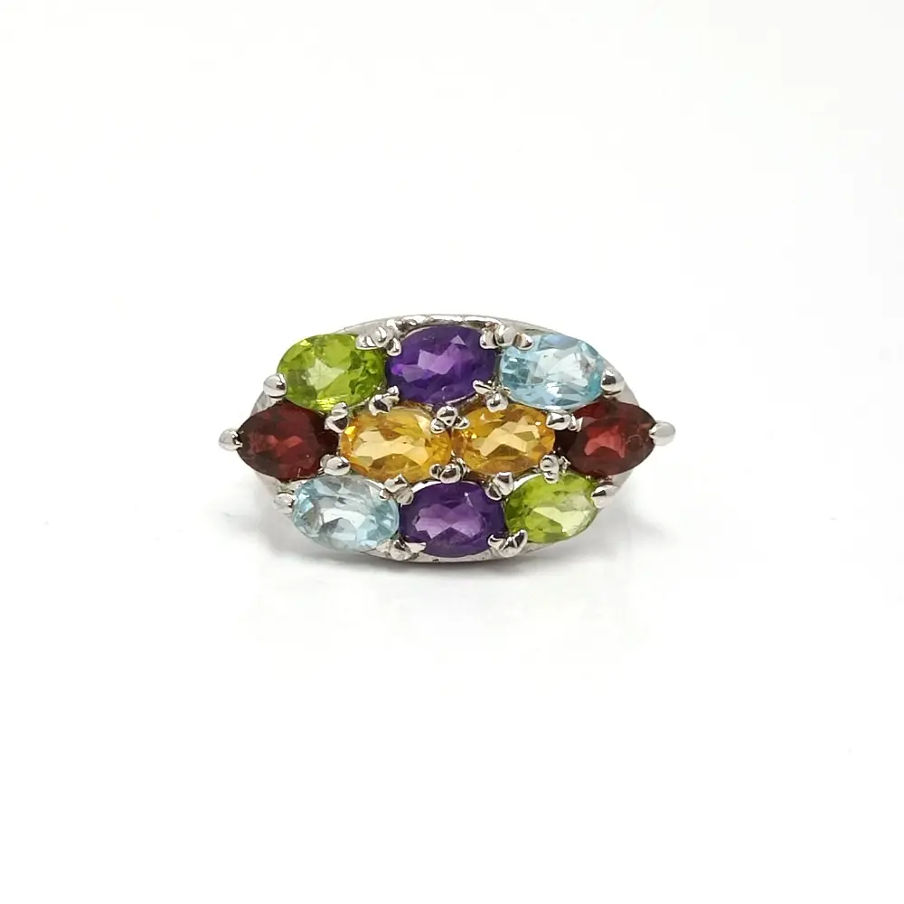 Natural Multi Stone 925 Sterling Silver Oval Cut Gemstone Cluster Cocktail Ring 6 x 4 mm Stone Size