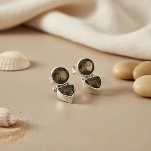 Boucles d'oreilles pendantes et clous en argent 925 avec quartz fumé pour femmes, bijoux tendance en forme de poire, diamant, émeraude, perle, pierre précieuse - Product Image 2