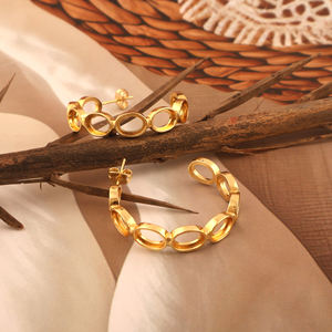 Pendientes de aro de metal de Latón chapado en oro de gran tamaño, collar en blanco liso, forma circular ovalada, pendientes de aro de poste de oreja de piedras preciosas - Product Image 3