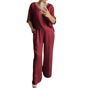 Women's <b>Green</b> <b>Silk</b> Satin V-Neck Two-Piece Set Loose Fit Casual Wide Leg Pants With Pockets Summer Wear - Product Image 3