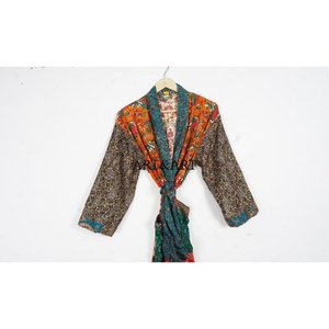 Handmade Vintage Silk Sari Kimono Bathrobe Full-Size Sexy Elegant V-neck Patchwork Front Drawstring Closure Soft Breathable - Product Image 2