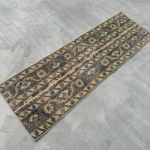 Turkish Small Rug, 1.6x4.9 ft Vintage Rug, <b>Brown</b> Check <b>Wool</b> Rug - Product Image 4