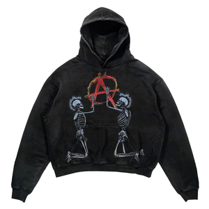 Customized Heavyweight Cotton Hoodie <b>Vintage</b> Acid Wash Distressed Cropped <b>Sweatshirt</b> With Embroidery Patch Applique - Product Image 2