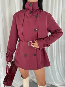 Elegant <b>Burgundy</b> <b>Trench</b> <b>Coat</b> With Belt Full Sleeve Stand Collar Double Breasted Short Length Autumn Wear - Product Image 4