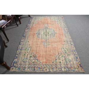 Alfombra turca clásica naranja azul de 4,7X8,2 pies, patrón de retazos de viscosa de lana, Alfombra de sala de estar, látex para pasillo rectangular - Product Image 1