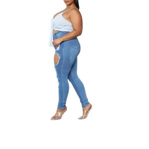 Venta al por mayor precio barato azul oscuro señoras Jeans de las mujeres ajustados rasgados destruidos de cintura alta pantalones de las mujeres de BD - Product Image 5