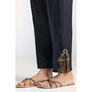 Pantalones de Seda 100% Teñidos en Negro, Bordados, Transpirables, de Cintura Media, TR-24-27 - Product Image 1