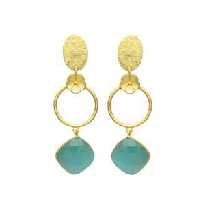 Pendientes de latón con baño de oro, diseño floral y ovalado con piedra verde Monalisa, para mujer y niña, a la moda. - Product Image 1