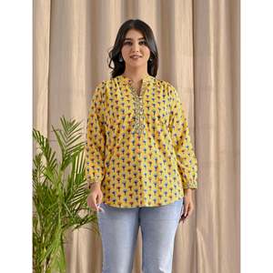 Multi Yellow Butti Cotton <b>Top</b> with Front Buttons Breathable Feature - Product Image 4