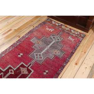 พรมตุรกีวินเทจ ขนาด 3.2x9.7 ฟุต (98x297 ซม.) ลายตารางสีแดงเทา Herki - Product Image 5