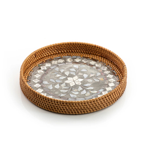 Modern <b>Round</b> Rattan Serving <b>Tray</b> With Grey Chic Design Designer Pattern Ideal For Coffee <b>Table</b> Decor And Serving - Product Image 4
