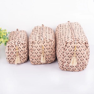 <b>Set</b> 3 Eco-Friendly Vintage Style Block Print Cotton Makeup Bags Zipper Closure Water Resistant Durable Large Customizable for - Product Image 1