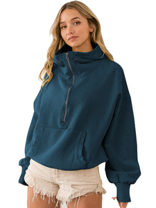 Conjunto de Sudadera Corta con Media Cremallera y Lavado Ácido para Mujer, Ajuste Regular, Transpirable, Resistente al Viento, Ecológico, Informal, para Calle, con Bolsillos Laterales - Product Image 4