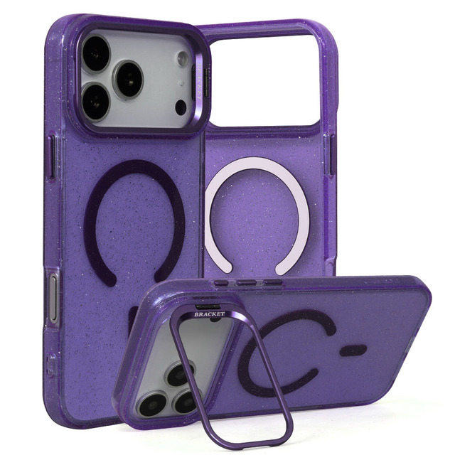 Transparent Purple Glitter Magnetic Phone Case with Camera Lens Kickstand for iPhone 15 16 17 18 Pro Max