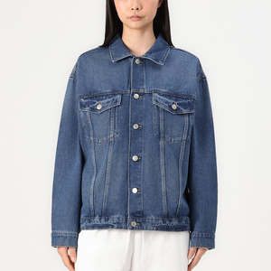 Chaqueta vaquera azul para mujer, chaqueta vaquera azul mediana con cierre de botones y bolsillos en el pecho, diseñada para mujer, comodidad para todas las estaciones - Product Image 1