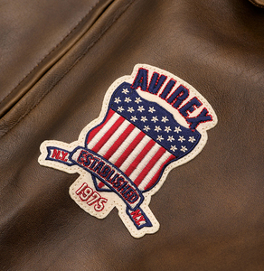 Amirez Men's Brown Genuine Leather Bomber Jacket American Flag Patch Zipper Closure HIGH STREET Style Stand Collar Breathable - Product Image 3