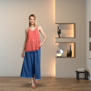 Women's Elegant <b>Coral</b> Trendy Spaghetti Strap Blouse Handmade Sleeveless V-Neck <b>Top</b> Sequined Embellishment Natural Summer Party - Product Image 2